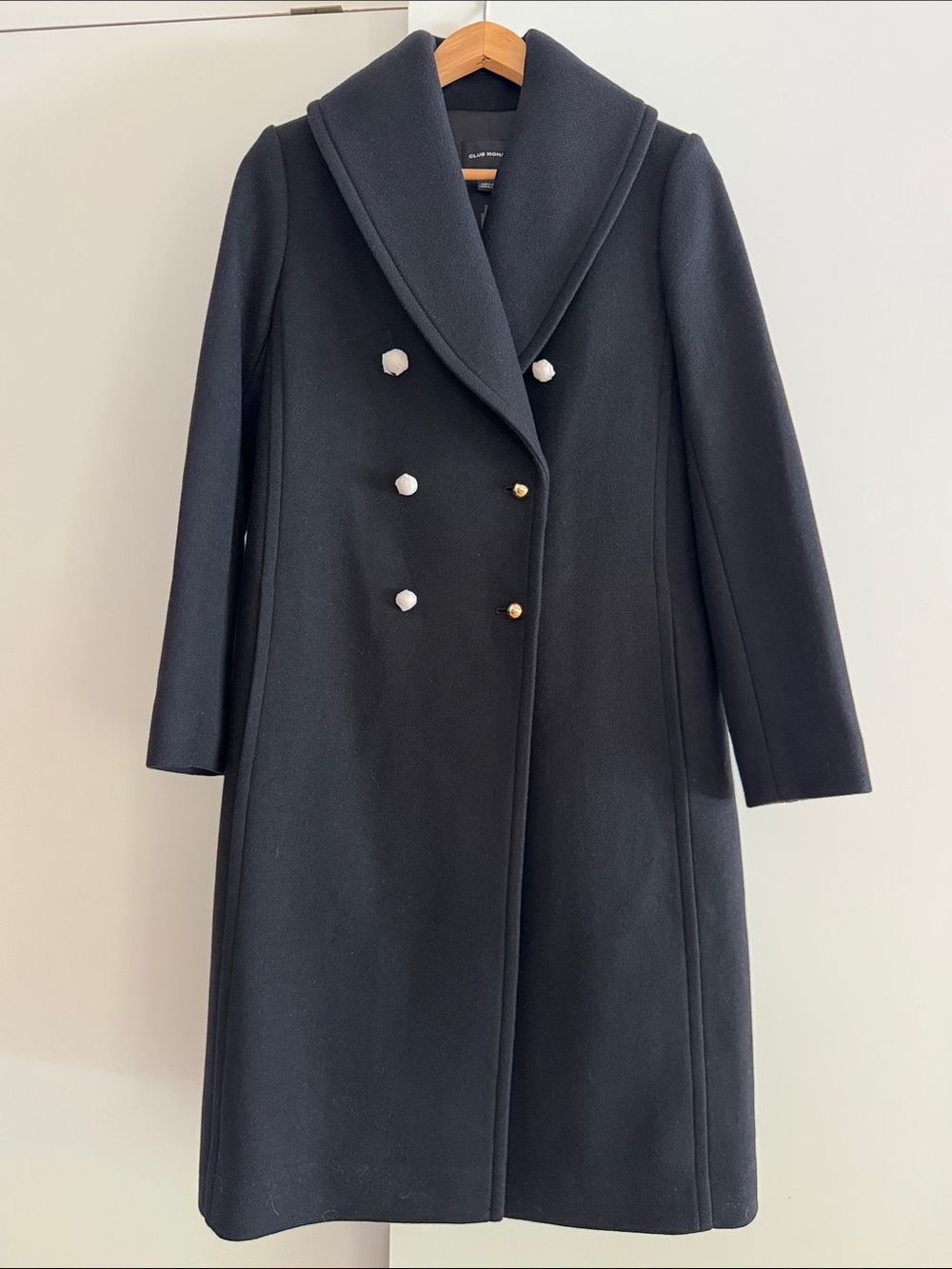 Club Monaco Black Double-Breasted Pea Coat with Gold Buttons